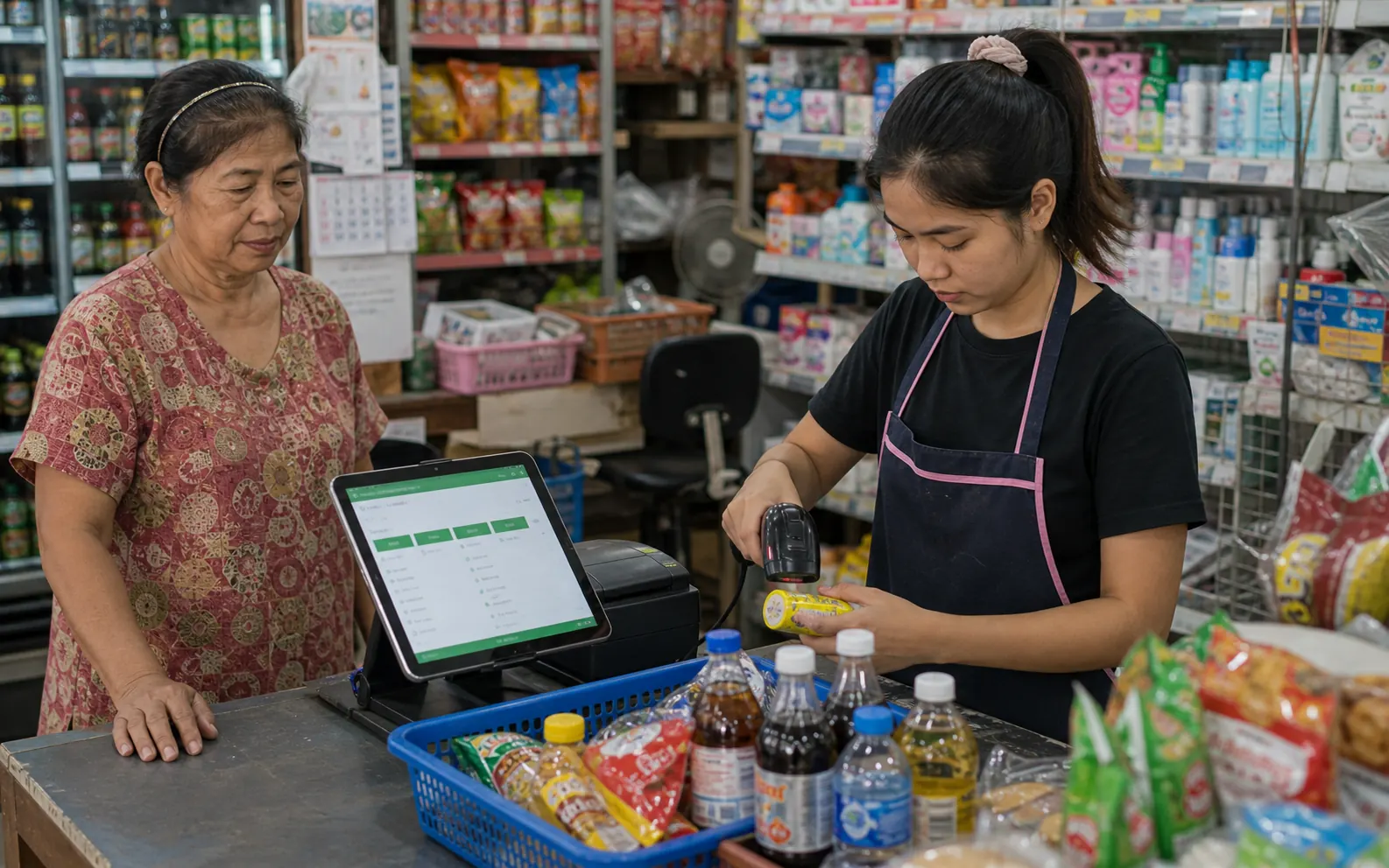แคชเชียร์ร้านมินิมาร์ทสแกนบาร์โค้ดสินค้าหน้าร้าน