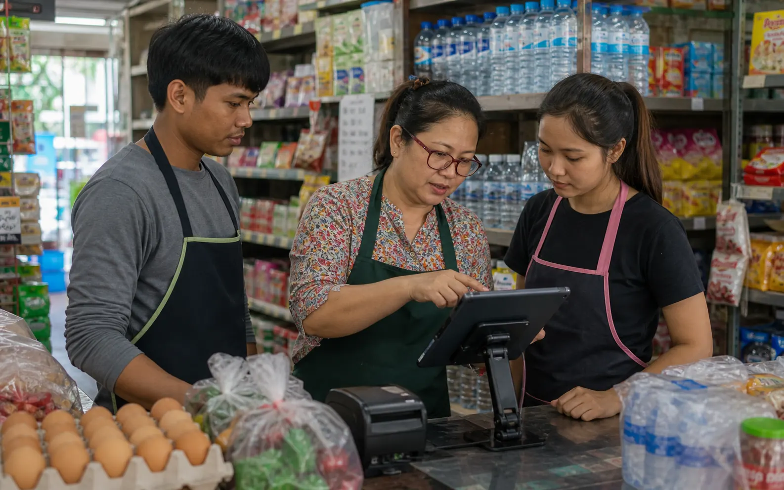 เจ้าของร้านฝึกพนักงานหลายภาษาให้ใช้แท็บเล็ต POS หน้าร้าน