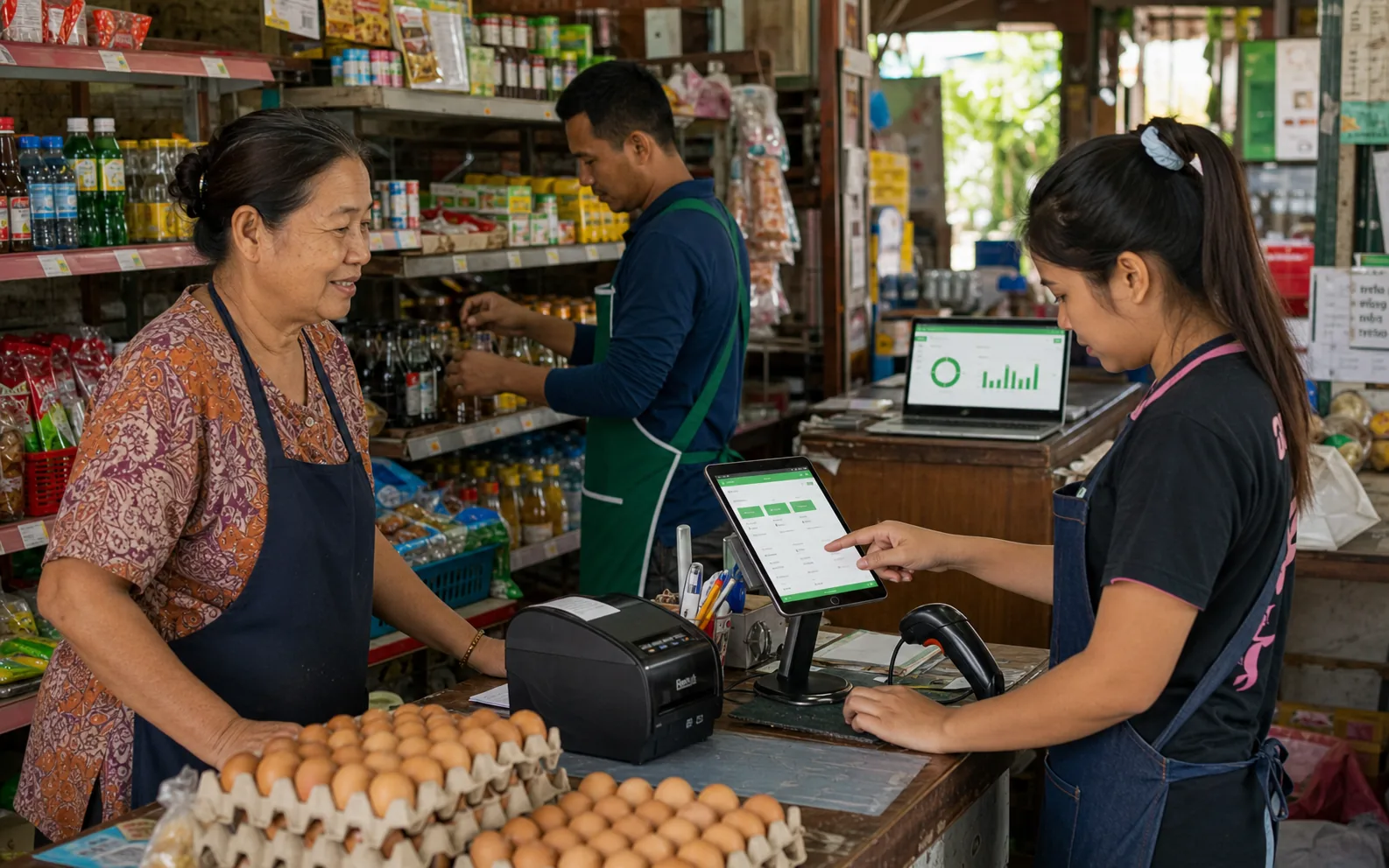 เคาน์เตอร์ร้านค้าปลีกไทยที่ใช้แท็บเล็ต POS เครื่องพิมพ์ใบเสร็จ และเครื่องสแกนบาร์โค้ด